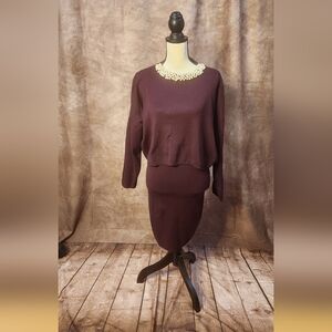 Burgundy Knit Sweater & Skirt Set – Matching 2 Piece Outfit – XS/S